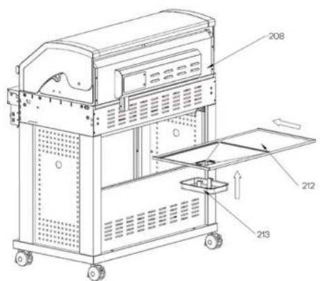 Technical diagram of a machine with labeled components and directional arrows indicating movement or assembly.