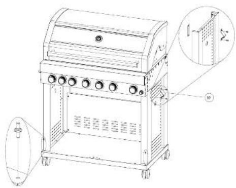 Technical line drawing of a gas stove with labeled components and cross-sectional views