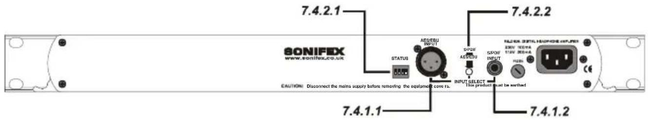 SONIFEX www.sonifex.co.uk 7.4.2.1 7.4.2.2 STATUS AEE/EBU INPUT SPDIF AEE/EBU SPDIF INPUT RSDIF 30V 10kVA 15kV 30kVA 7.4.1.1 INPUT SELECT The product must be verified 7.4.1.2 CAUTION: Disconnect the mains supply before removing the equipment cover ra.