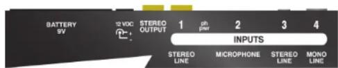 BATTERY 9V 12 VDC STEREO OUTPUT 1 pH piper 2 3 4 INPUTS STEREO LINE MICROPHONE STEREO LINE MONO LINE