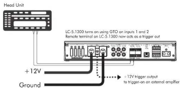 Head Unit +12V Ground LC-5.1300 turns on using GTO on inputs 1 and 2 Remote terminal on LC-5.1300 now acts as a trigger out +12V trigger output to trigger-on an external amplifier
