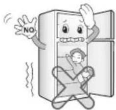 Cartoon illustration of a distressed refrigerator with a 'NO' sign, showing a person inside and waving (no text or symbols on the refrigerator itself)