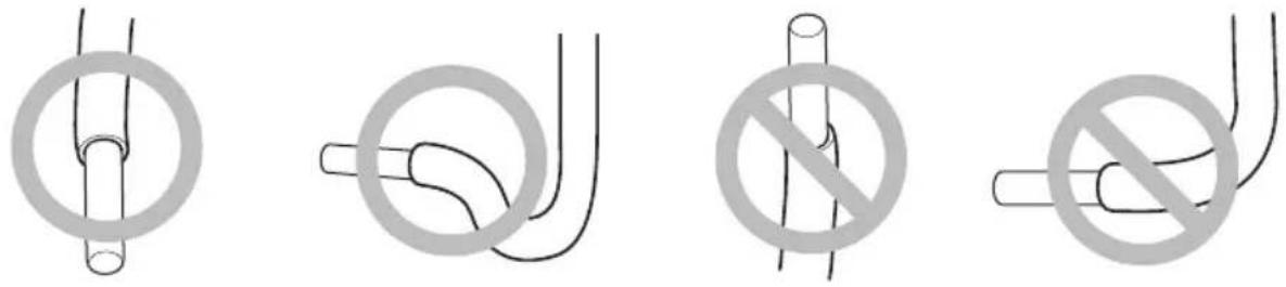 Four illustrated diagrams showing different types of non-compliant or blocked pipe fittings, likely for safety or compliance instructions.