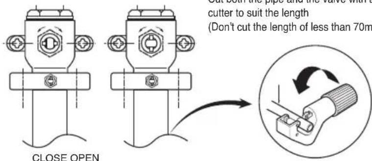 Cut both the pipes and the valve than a cutter to suit the length (Don't cut the length of less than 70m) CLOSE OPEN