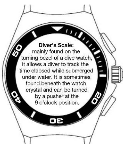 Diver's Scale: mainly found on the turning bezel of a dive watch, it allows a diver to track the time elapsed while submerged under water. It is sometimes found beneath the watch crystal and can be turned by a pusher at the 9 o'clock position.