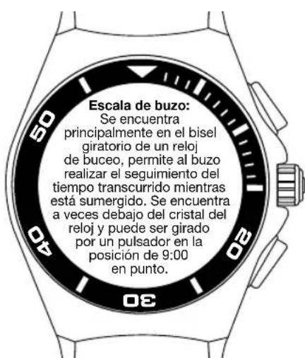 Escala de buzo: Se encuentra principalmente en el bisel giratorio de un reloj de buceo, permite al buzo realizar el seguimiento del tiempo transcurrido mientras está sumergido. Se encuentra a veces debajo del cristal del reloj y puede ser girado por un pulsador en la posición de 9:00 en punto.