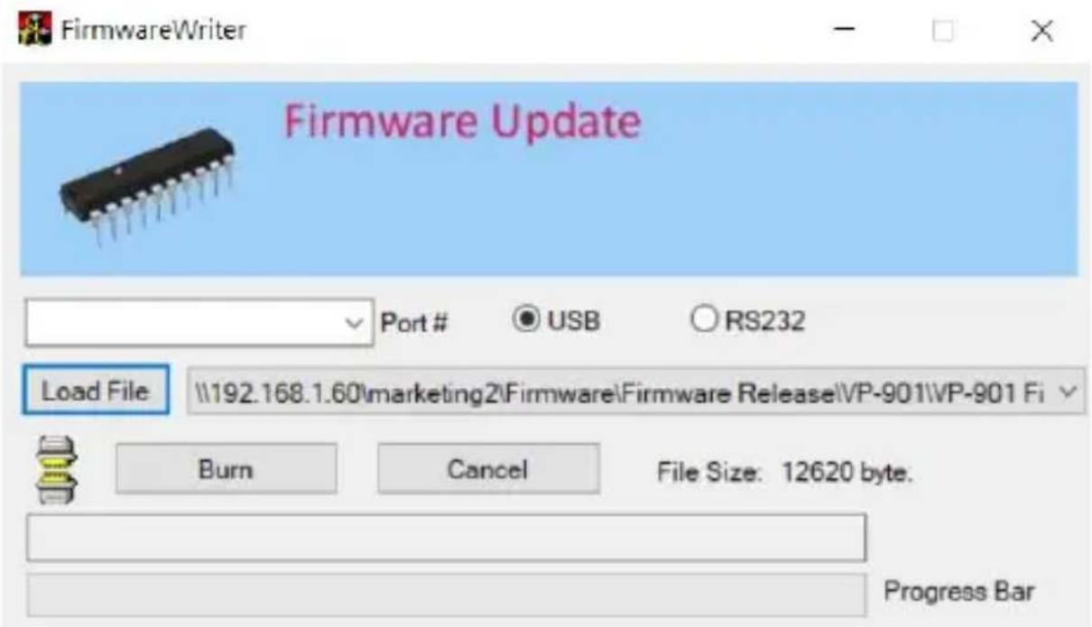 FirmwareWriter Firmware Update Port # USB RS232 Load File \\192.168.1.60\marketing2\Firmware\Firmware Release\VP-901\VP-901 Fi Burn Cancel File Size: 12620 byte. Progress Bar