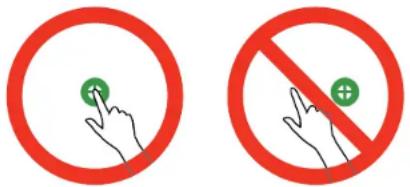 Two red prohibition signs with icons: one pointing at a green circle, the other without a plus sign.
