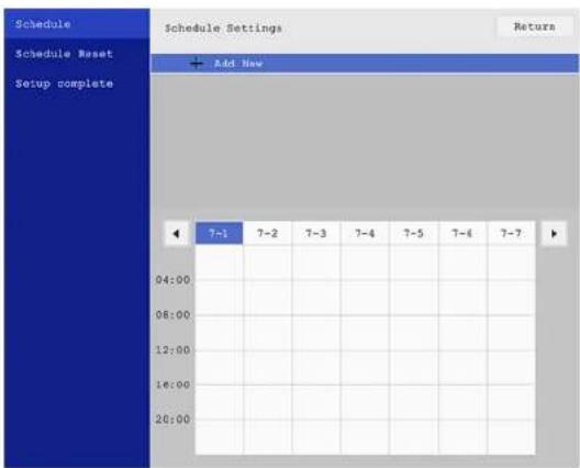 Schedule Schedule Reset Setup complete Schedule Settings Add New 7-1 7-2 7-3 7-4 7-5 7-6 7-7 04:00 08:00 12:00 16:00 20:00