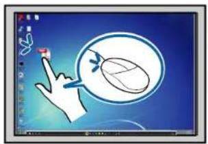 Computer screen displaying a hand interacting with a computer mouse icon and a speech bubble containing text.