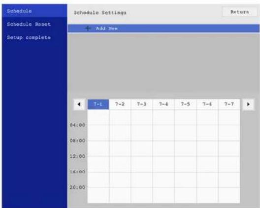 Schedule Schedule Reset Setup complete Schedule Settings Add New 7-1 7-2 7-3 7-4 7-5 7-6 7-7 04:00 08:00 12:00 16:00 20:00