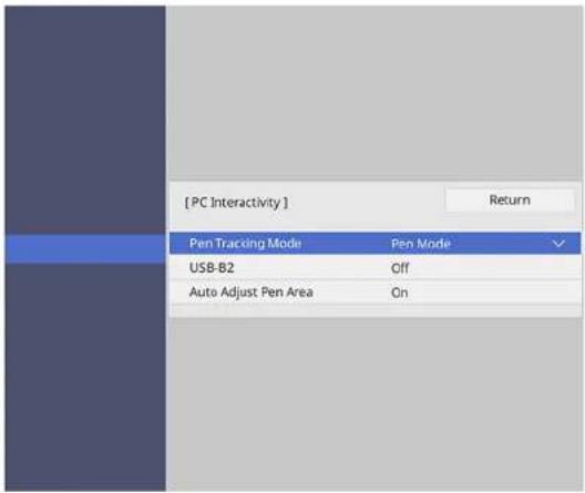 [ PC Interactivity ] Return Pen Tracking Mode Pen Mode USB-B2 Off Auto Adjust Pen Area On