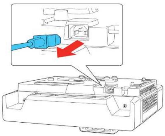 Diagram showing a blue cable inserted into a device with a red arrow indicating the process, alongside an exploded view of the component.