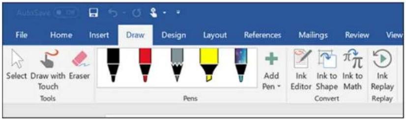 AutoSave File Home Insert Draw Design Layout References Mailings Review View Select Draw with Eraser Touch Pens Add Pen Ink Editor Ink to Shape Transform Ink to Math Reform Replay