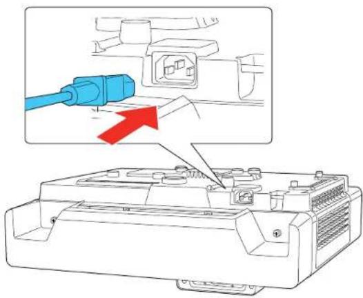 Diagram showing a blue connector inserted into an air conditioner unit with a red arrow indicating the insertion point.