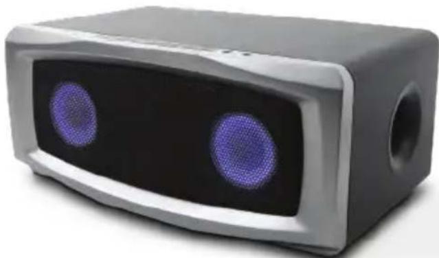 Exterior view of a modern rectangular electronic device with two purple circular LEDs on its front panel (no text or symbols visible)