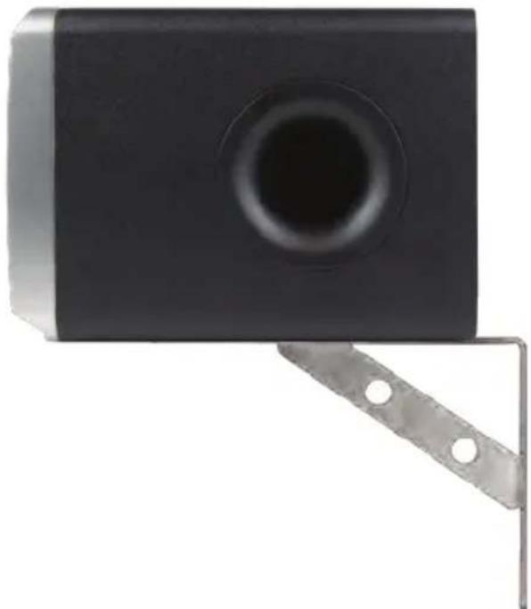 Close-up of a black rectangular device with a circular hole and metal bracket (no text or symbols visible)