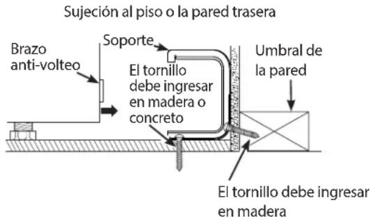 Sujeción al piso o la pared trasera Brazo anti-volteo Soporte El tornillo debe ingresar en madera o concreto Umbral de la pared El tornillo debe ingresar en madera