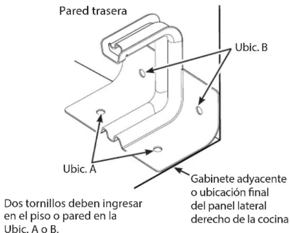 Pared trasera Ubic. B Ubic. A Dos tornillos deben ingresar en el piso o pared en la Ubic. A o B. Gabinete adyacente o ubicación final del panel lateral derecho de la cocina