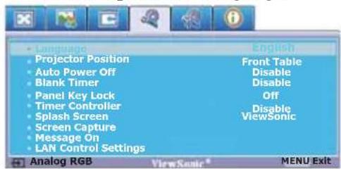 Projector Position Auto Power Off Blank Timer Panel Key Lock Timer Controller Splash Screen Screen Capture Message On LAN Control Settings Front Table Disable Disable Off Disable ViewSonic Analog RGB ViewSonic MENU Exit