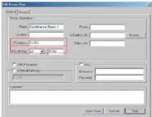 Edit Options Now Control Groups Route Number Name: Conference Room 1 Location: IP Address: 01/40 PCL IP Path: 02 41768 Power: a Control List: Video List: DHCP Enabled External Subscription SSL: Username: Password: Connect: Save From Save As Help