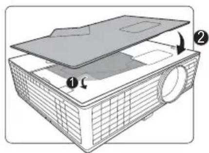 Diagram of a projector with labeled parts and directional arrows indicating assembly or operation