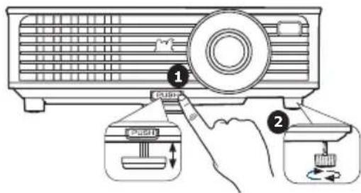 Diagram showing a projector with labeled parts and a hand interacting with the screen, illustrating the process of adding liquid.