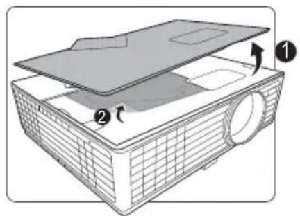 Diagram of an projector with labeled parts and directional arrows indicating assembly or operation