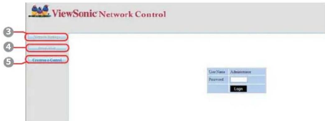 ViewSonic Network Control 3 4 5 Create a Control Write Settings... Send Alert... Login Live Name Administrator Password Login