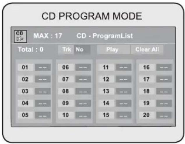 CD PROGRAM MODE CD MAX : 17 CD - ProgramList Total : 0 Trk No Play Clear All 01 --- 06 --- 11 --- 16 --- 02 --- 07 --- 12 --- 17 --- 03 --- 08 --- 13 --- 18 --- 04 --- 09 --- 14 --- 19 --- 05 --- 10 --- 15 --- 20 ---