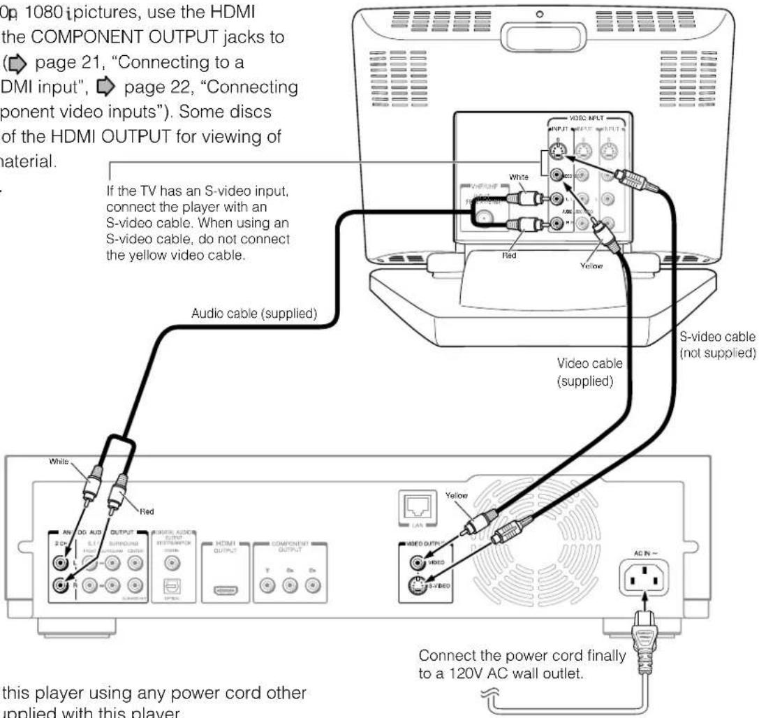 Op 1080 i pictures, use the HDMI the COMPONENT OUTPUT jacks to (▶ page 21, "Connecting to a DMI input", ▶ page 22, "Connecting ponent video inputs"). Some discs of the HDMI OUTPUT for viewing of material. If the TV has an S-video input, connect the player with an S-video cable. When using an S-video cable, do not connect the yellow video cable. Audio cable (supplied) White Red Video cable (supplied) S-video cable (not supplied) Connect the power cord finally to a 120V AC wall outlet. this player using any power cord other supplied with this player.