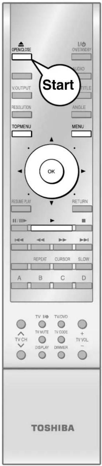 OPEN/CLOSE I/O ON/STANDBY AUDIO V.OUTPUT TITLE RESOLUTION ANGLE TOPMENU MENU Start OK RESUME PLAY RETURN // / >> REPEAT CURSOR SLOW A B C D TV CH TV MUTE TV CODE + TV VOL - DISPLAY DIMMER TOSHIBA