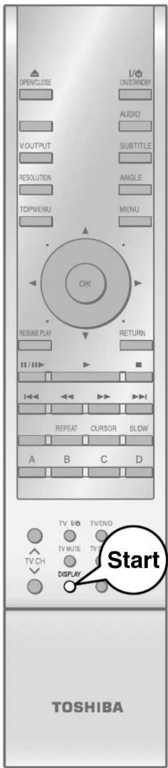 OPEN/CLOSE I/O ON/STANDBY AUDIO V.OUTPUT SUBTITLE RESOLUTION ANGLE TOPMENU MENU OK RESUME PLAY RETURN I/II/III/ REPEAT CURSOR SLOW A B C D TV I/O TV/DVD TV MUTE TV TV CH DISPLAY Start TOSHIBA