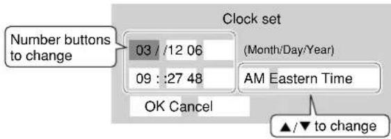 Number buttons to change 03 / 12 06 09 : 27 48 OK Cancel Clock set (Month/Day/Year) AM Eastern Time ▲ / ▼ to change