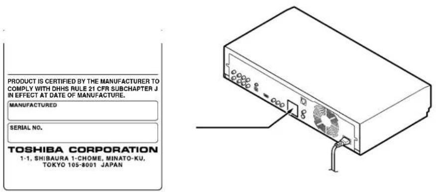 PRODUCT IS CERTIFIED BY THE MANUFACTURER TO COMPLY WITH DHHS RULE 21 CFR SUBCHAPTER J IN EFFECT AT DATE OF MANUFACTURE. MANUFACTURED SERIAL NO. TOSHIBA CORPORATION 1-1, SHIBAURA 1-CHOME, MINATO-KU, TOKYO 105-8001 JAPAN
