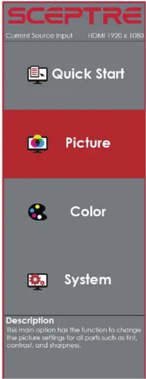SCEPTRE Current Source Input HDMI 1920 x 1080 Quick Start Picture Color System Description This main option has the function to change the picture settings for all ports such as tint, contrast, and sharpness.