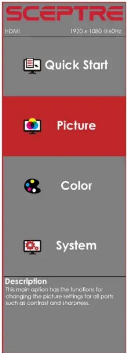 SCEPTRE HDMI 1920 x 1080 @60Hz Quick Start Picture Color System Description This main option has the functions for changing the picture settings for all ports such as contrast and sharpness.