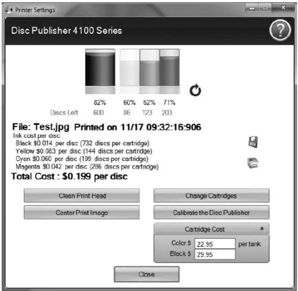 Printer Settings Disc Publisher 4100 Series 82% 60% 62% 71% Discs Left 600 86 123 203 File: Test.jpg Printed on 11/17 09:32:16:906 Ink cost per disc Black $0.014 per disc (732 discs per cartridge) Yellow $0.083 per disc (144 discs per cartridge) Cyan $0.060 per disc (199 discs per cartridge) Magenta $0.042 per disc (286 discs per cartridge) Total Cost : $0.199 per disc Clean Print Head Center Print Image Change Cartridges Calibrate the Disc Publisher Cartridge Cost Color $ 22.95 per tank Black $ 29.95 Close