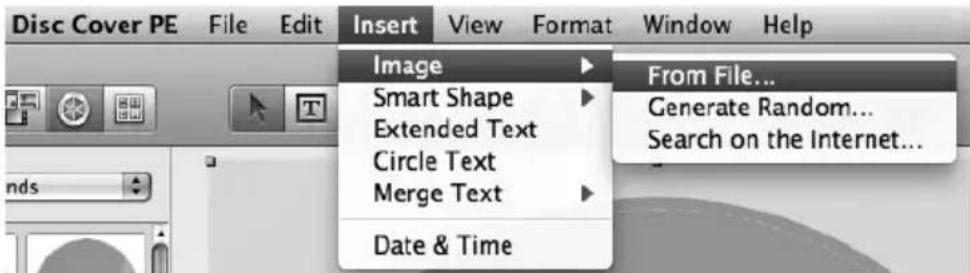 Disc Cover PE File Edit Insert View Format Window Help Image Smart Shape Extended Text Circle Text Merge Text Date & Time From File... Generate Random... Search on the Internet...