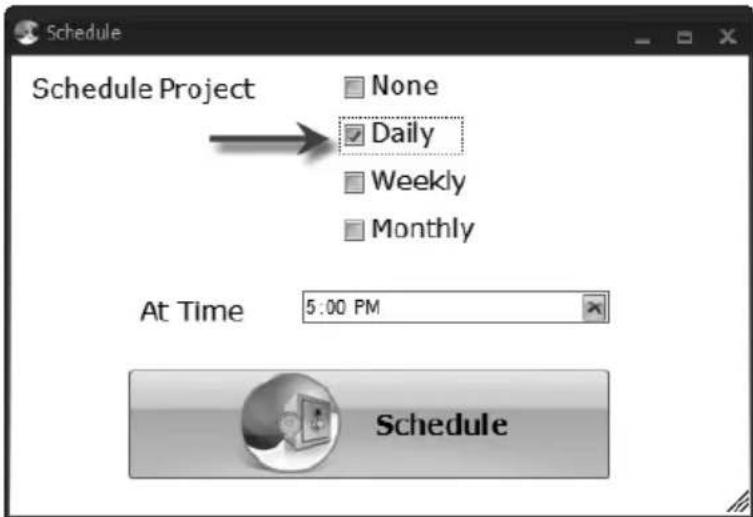 Schedule Schedule Project None Daily Weekly Monthly At Time 5:00 PM Schedule