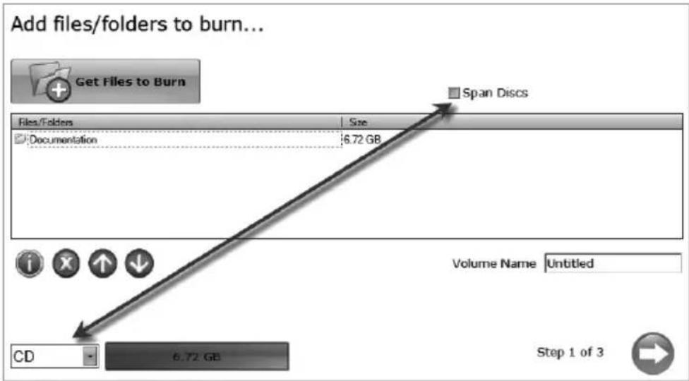 Add files/folders to burn... Get Files to Burn Files/Folders Size Documentation 6.72 GB Span Discs Volume Name Untitled CD 6.72 GB Step 1 of 3