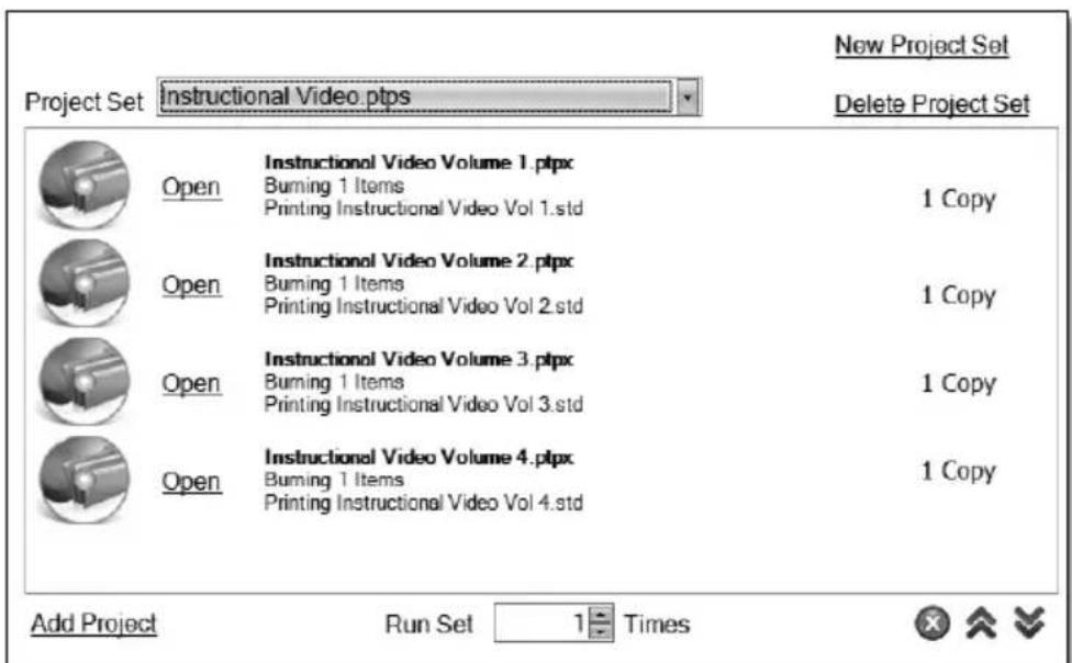 Project Set Instructional Video.ptps New Project Set Delete Project Set Open Instructional Video Volume 1.ptpx Burning 1 Items Printing Instructional Video Vol 1.std 1 Copy Open Instructional Video Volume 2.ptpx Burning 1 Items Printing Instructional Video Vol 2.std 1 Copy Open Instructional Video Volume 3.ptpx Burning 1 Items Printing Instructional Video Vol 3.std 1 Copy Open Instructional Video Volume 4.ptpx Burning 1 Items Printing Instructional Video Vol 4.std 1 Copy Add Project Run Set 1 Times