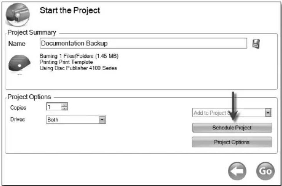 Start the Project Project Summary Name Documentation Backup Burning 1 Files/Folders (1.45 MB) Printing Print Template Using Disc Publisher 4100 Series Project Options Copies 1 Drives Both Add to Project Site Schedule Project Project Options