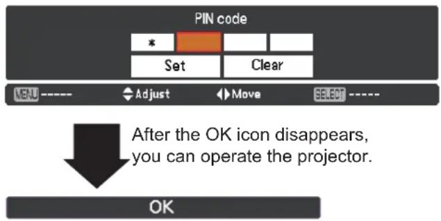 PIN code Set Clear MENU ---- Adjust Move SELECT ---- After the OK icon disappears, you can operate the projector. OK