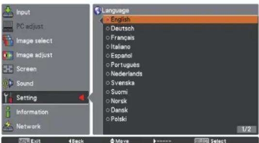 Input PC adjust Image select Image adjust Screen Sound Setting Information Network Language English Deutsch Français Italiano Espanol Portugues Nederlands Svenska Suomi Norsk Dansk Polski 1/2 Exit Back Move Select