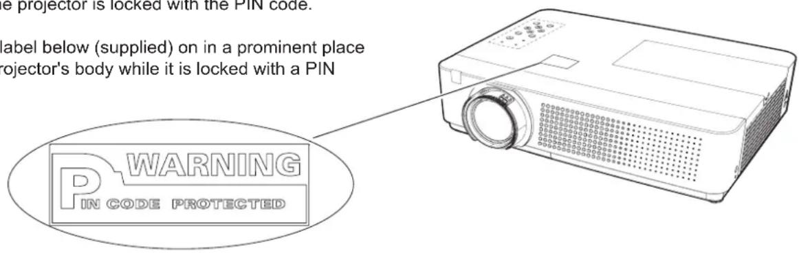 the projector is locked with the PIN code. label below (supplied) on in a prominent place projector's body while it is locked with a PIN WARNING IN CODE PROTECTED