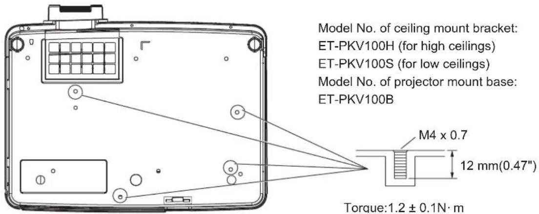Model No. of ceiling mount bracket: ET-PKV100H (for high ceilings) ET-PKV100S (for low ceilings) Model No. of projector mount base: ET-PKV100B M4 x 0.7 12 mm(0.47") Torque:1.2 ± 0.1N·m