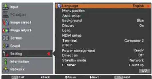 Input PC adjust Image select Image adjust Screen Sound Setting Information Network Language Menu position Auto setup Background Display Logo HDMI setup Terminal P IN P Power management Direct on Standby mode P-timer Computer 2 Ready Off Network Count up 1/2 Exit Back Move Next Next