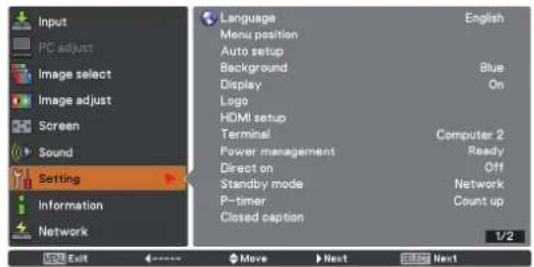 Input PC adjust Image select Image adjust Screen Sound Setting Information Network Language Menu position Auto setup Background Display Logo HDMI setup Terminal Power management Direct on Standby mode P-timer Closed caption English Blue On Computer 2 Ready Off Network Count up 1/2 Move Next Next