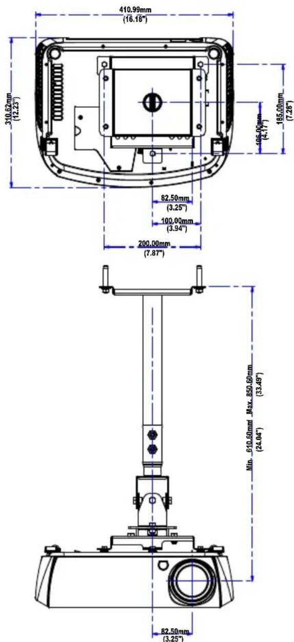 410.99mm (16.18") 310.62mm (12.23") 185.00mm (7.28") 82.50mm (3.25") 100.00mm (3.94") 200.00mm (7.87") Min. 610.60mm Max. 850.60mm (24.04") 82.50mm (3.25)